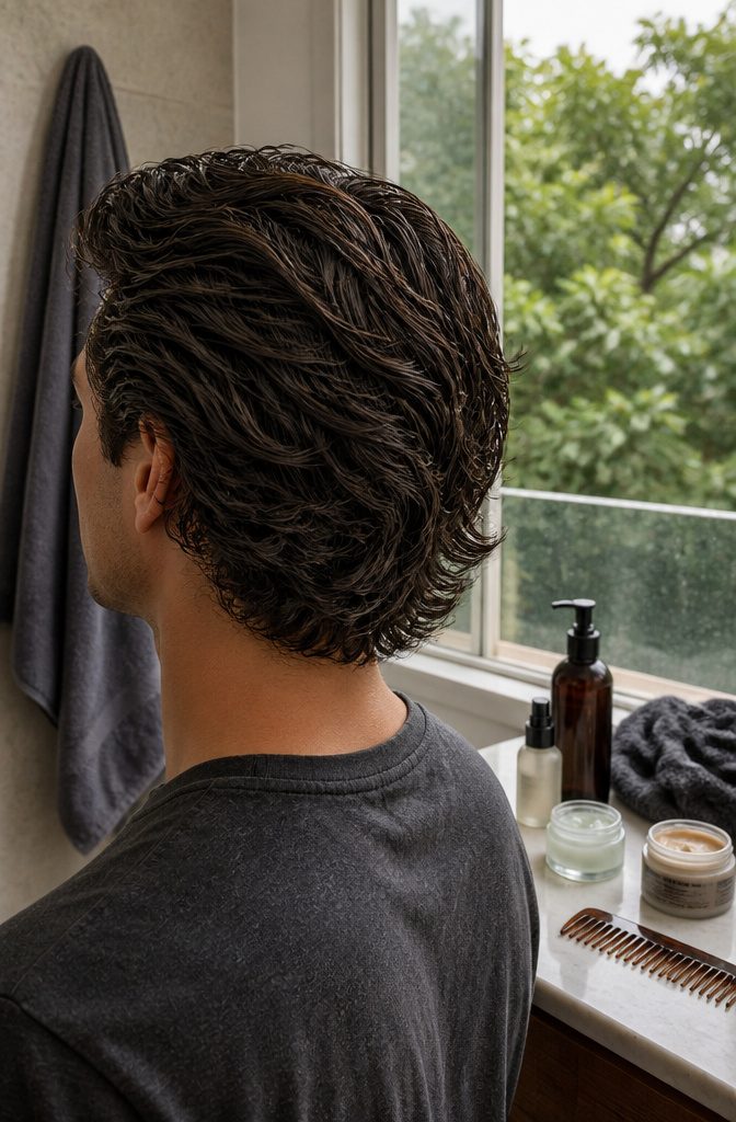 Man with shiny wavy hair brushed loosely backward