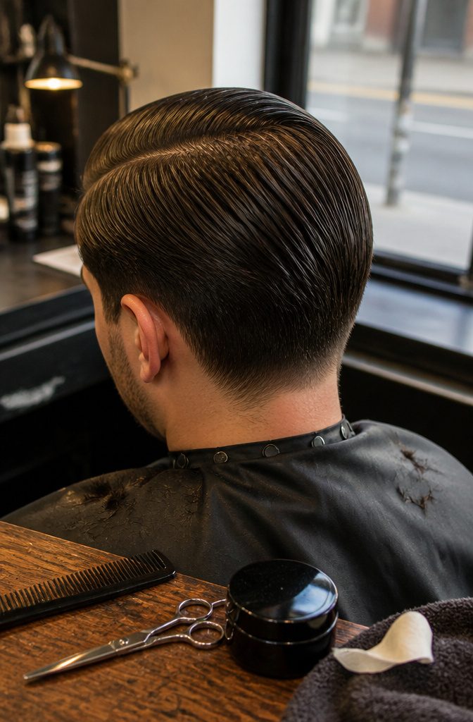Man with glossy hair combed diagonally across from a side part