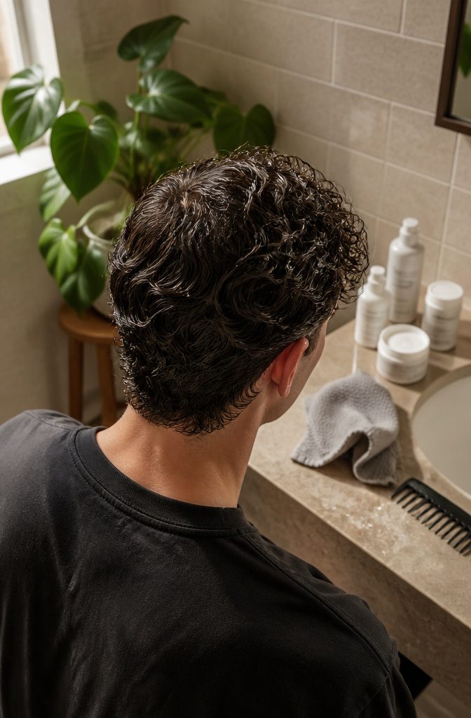 Man viewed from behind with defined curls and slicked sides