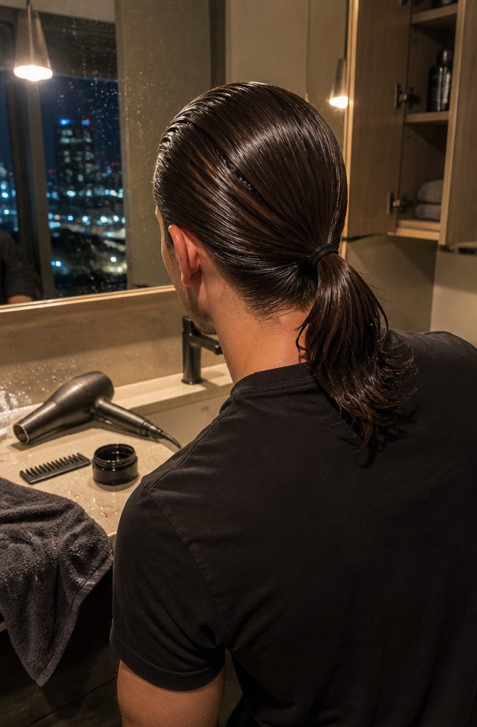 Man with shiny hair pulled into a low ponytail at the nape