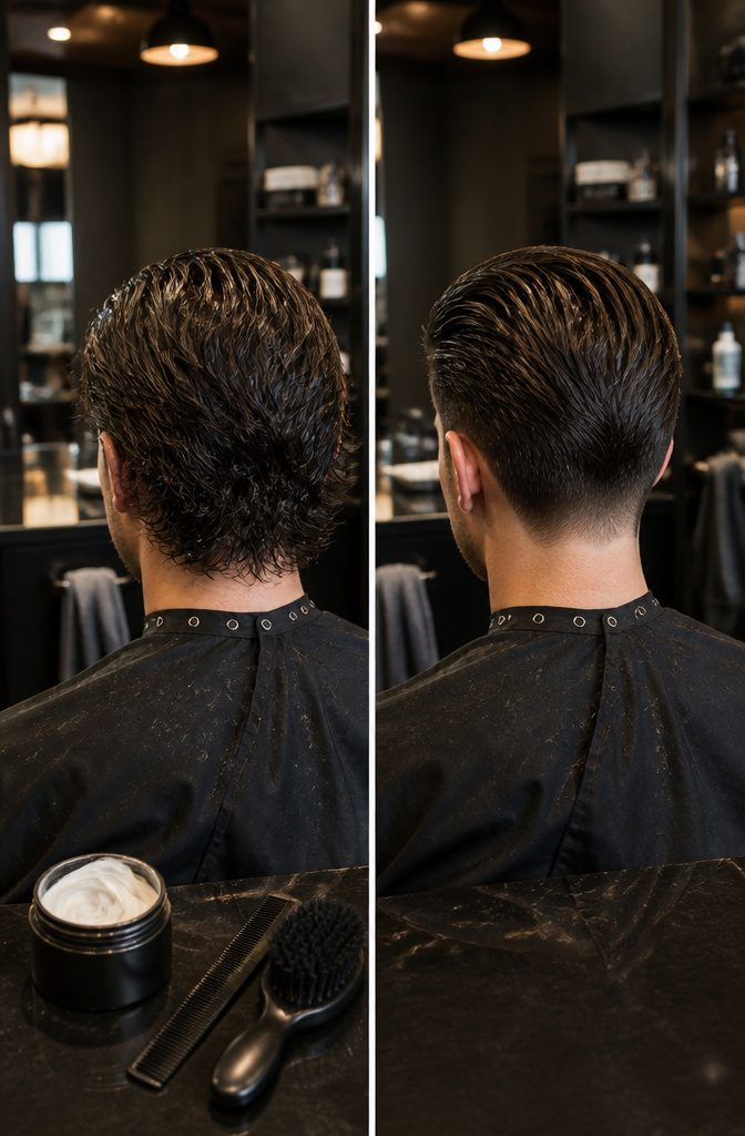 Man with shiny swept-back hair and a gradually tapered nape