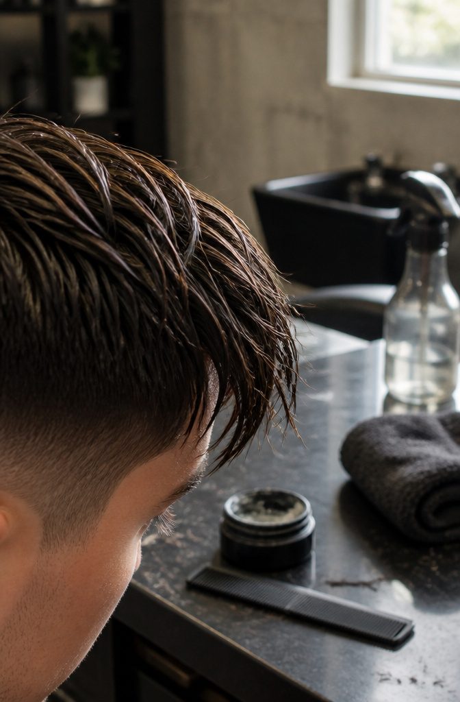 Man with a wet fringe separated into small distinct strands