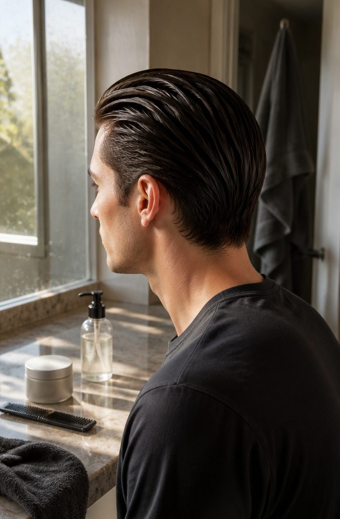 Man with slicked hair and a high shine