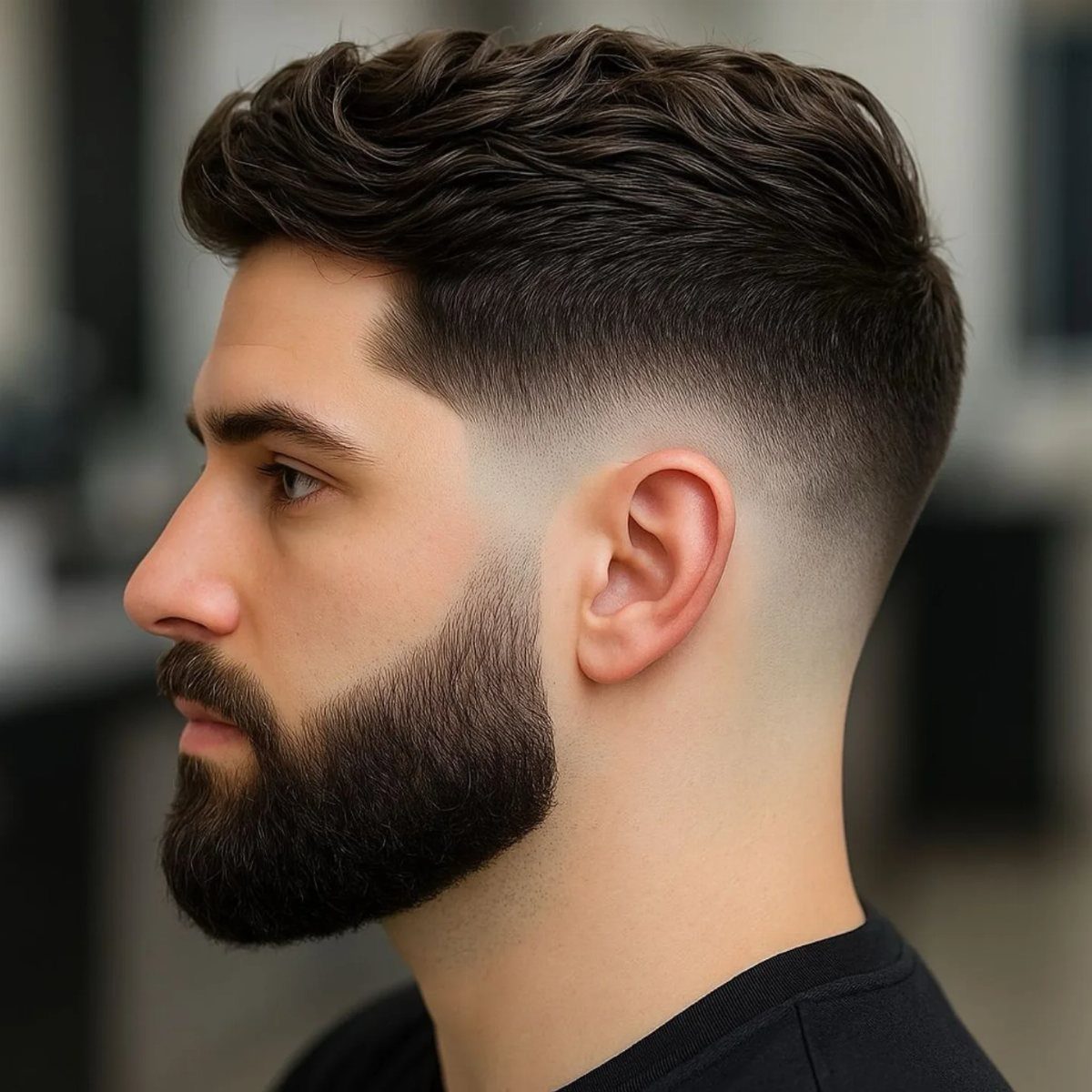 Man with a high skin fade haircut and a groomed short boxed beard.