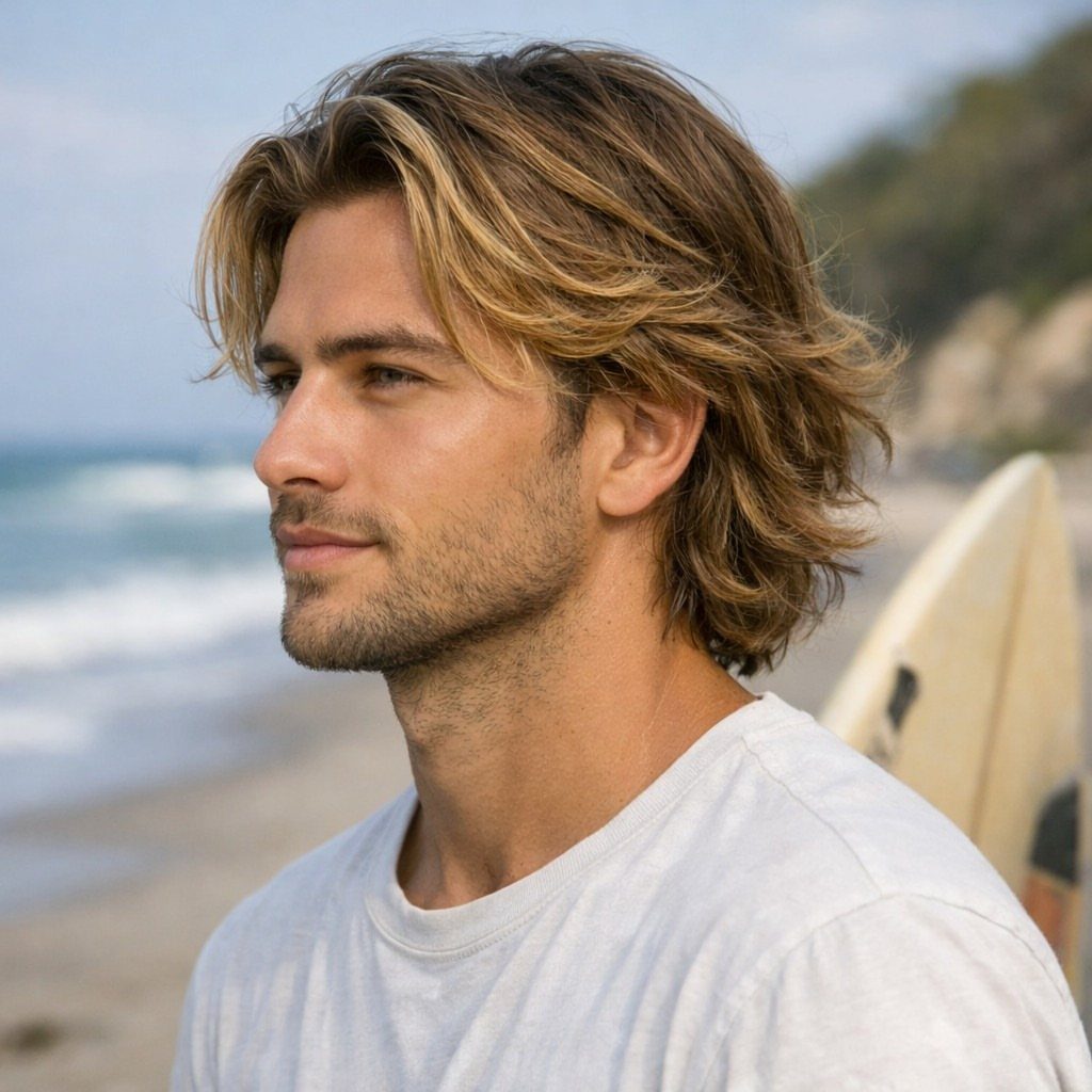 Man with wavy blonde bro flow hair standing on a beach with a surfboard.