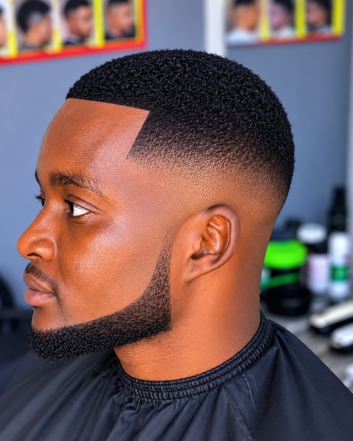 Man with a mid fade haircut and groomed beard in a barbershop