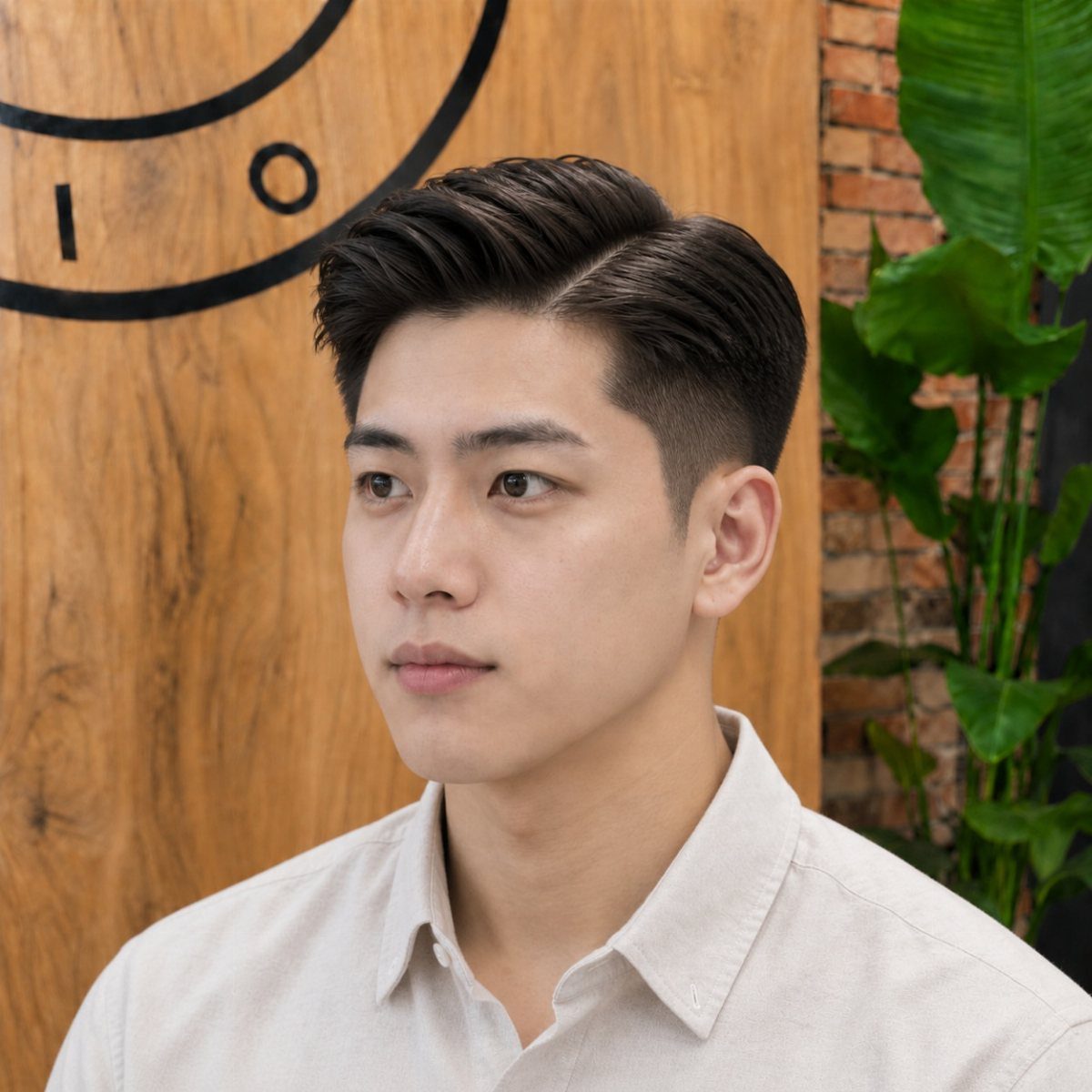 Man with a classic side part haircut and short sides in a barbershop setting.