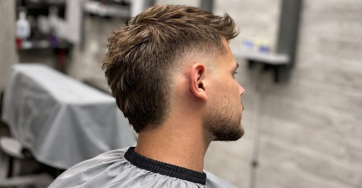 Man with a brown textured crop and taper fade in a barbershop