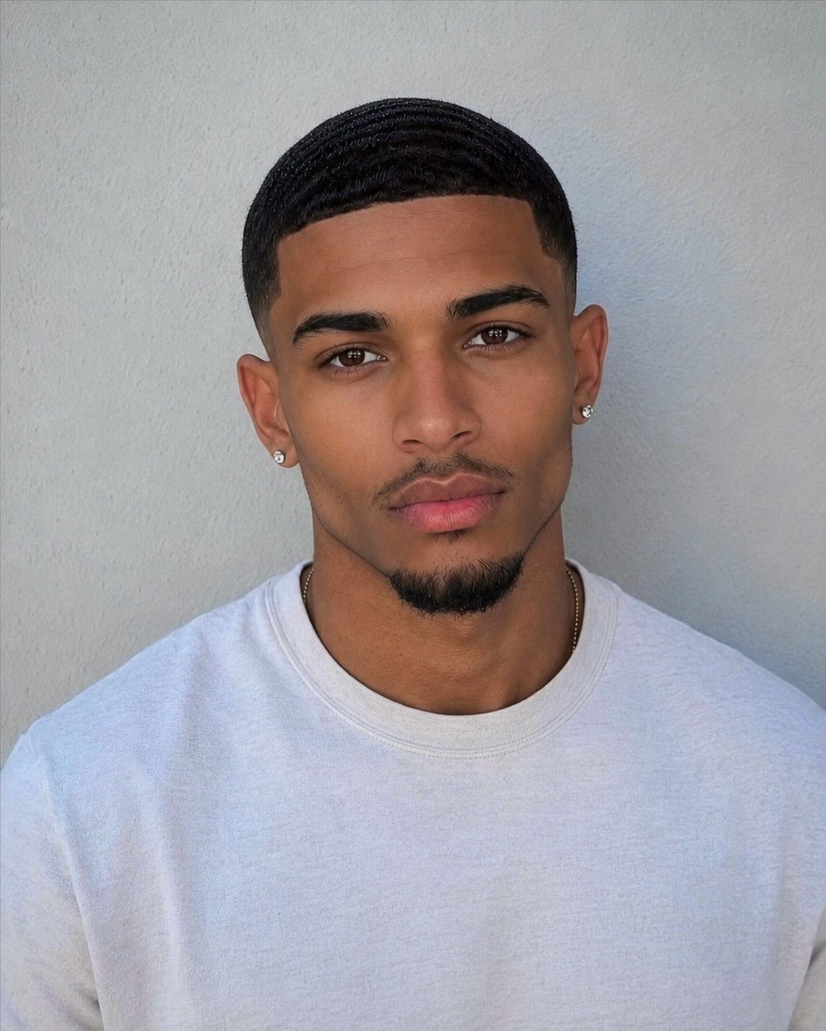 Young man with a high taper fade haircut and groomed goatee wearing white shirt.