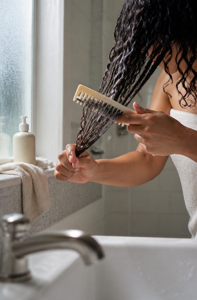 Wet curly hair coated with conditioner during finger detangling