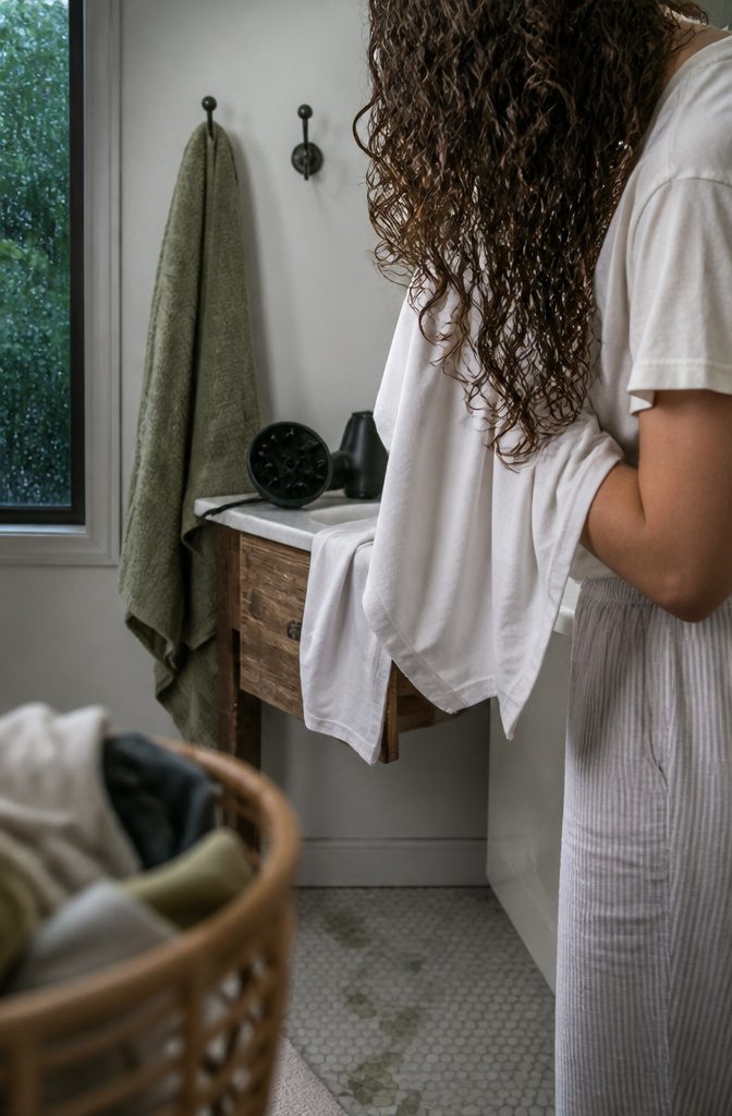 Soft cotton T-shirt blotting water from styled curly hair