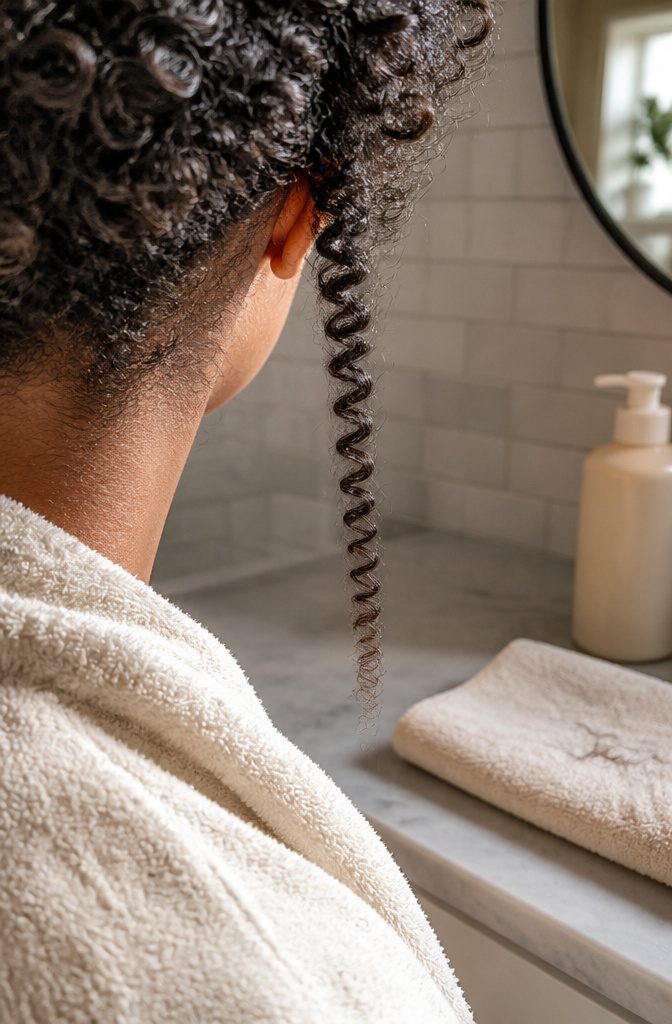 Close view of coily strand with scalp and dry-looking ends