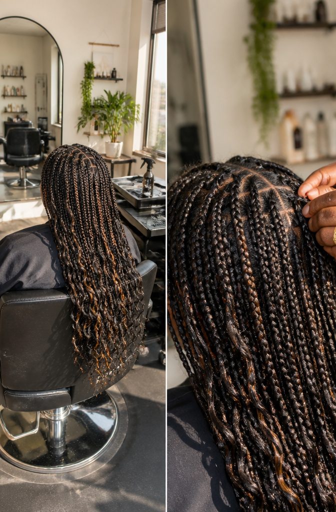 Bulk human braiding hair being added to braids at the roots