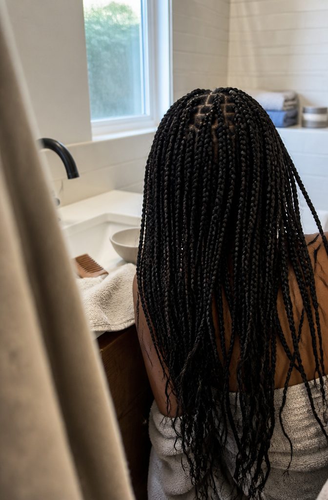 Person seen from behind with intact braids and softly loosened ends