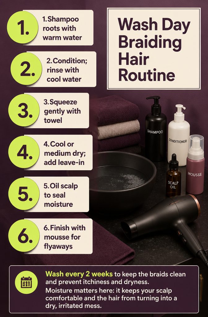 Wash Day Braiding Hair Routine with shampoo conditioner and styling steps