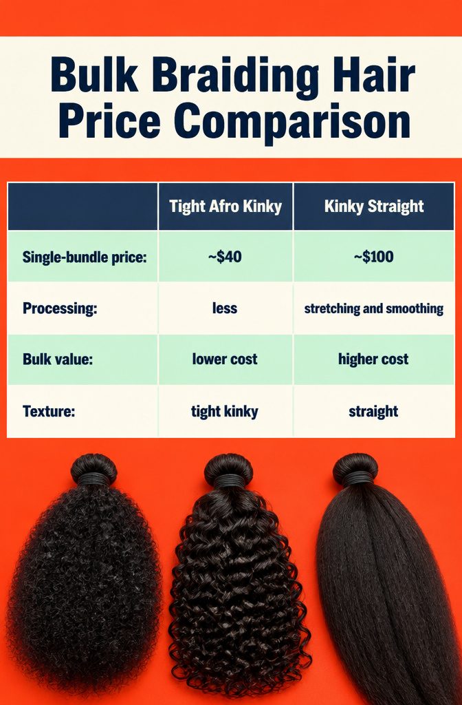 Bulk Braiding Hair Price Comparison chart listing hair textures and prices