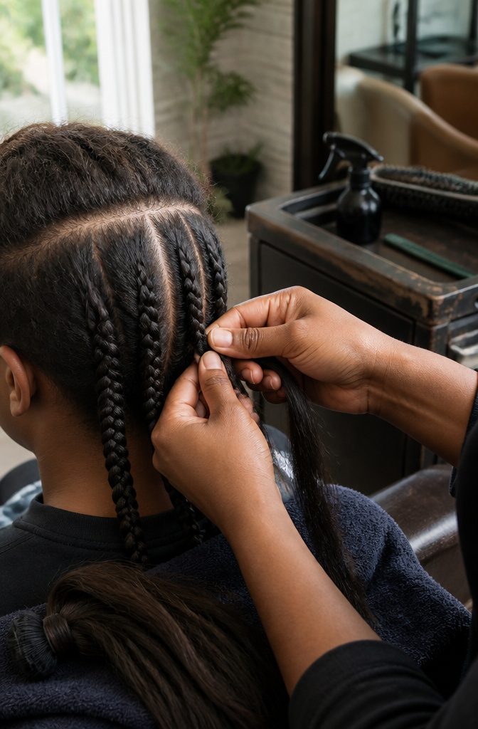 Stylist's hands adding loose hair to a scalp braid with scalp visible