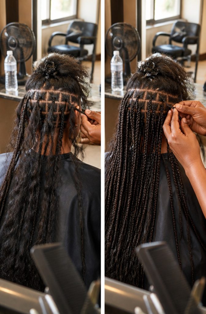 Braided human hair beside exposed scalp without a wig cap
