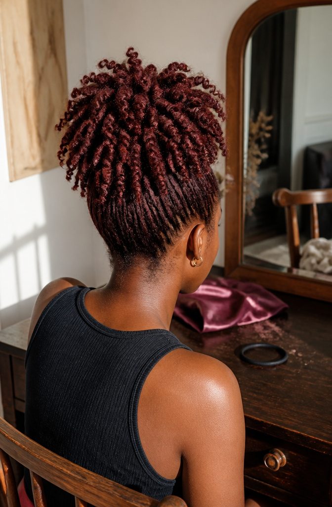 Burgundy kinky twists gathered into a puff at the crown
