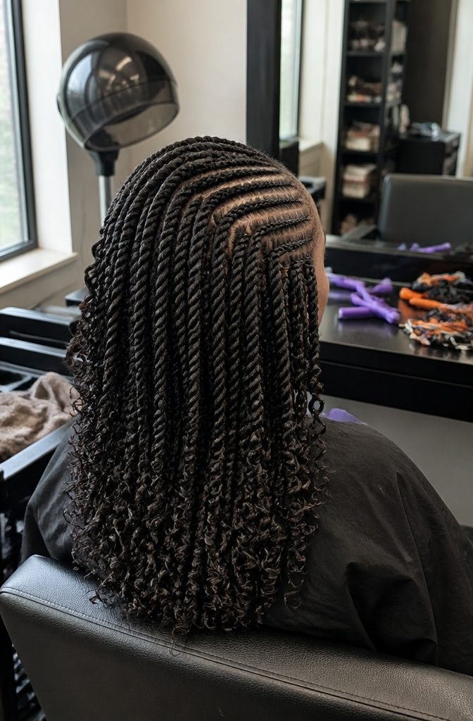 Kinky twists with cornrow roots and spiral curled ends