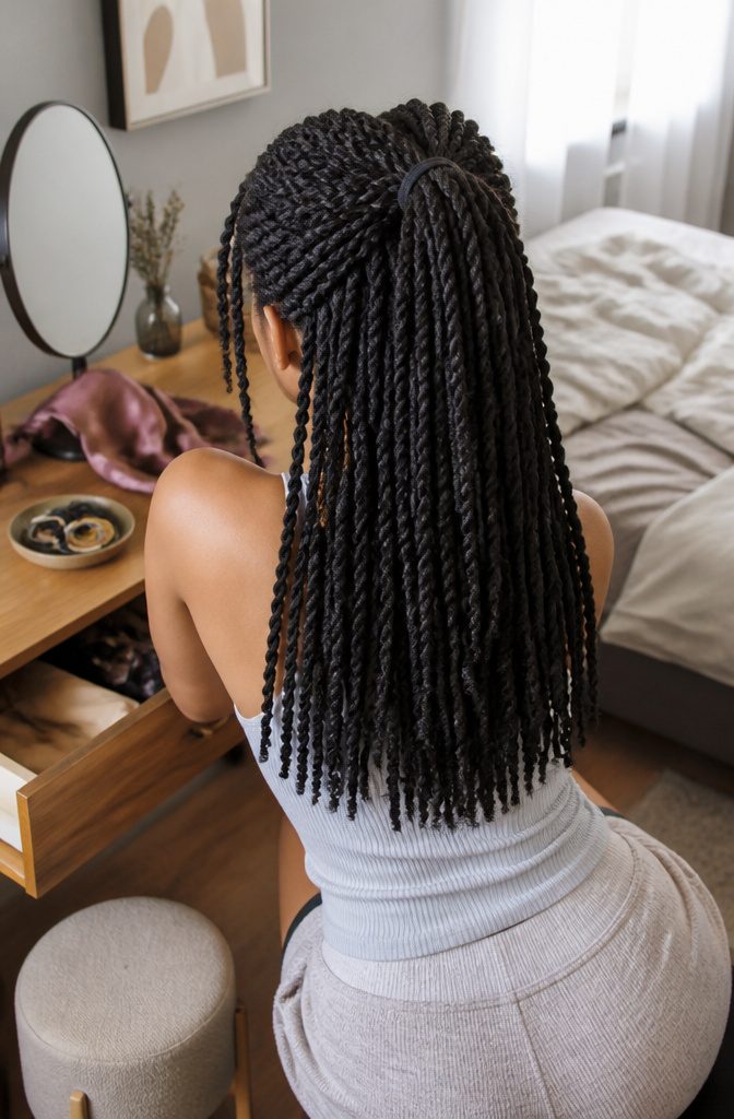 Kinky twists with the top section gathered and the rest left down