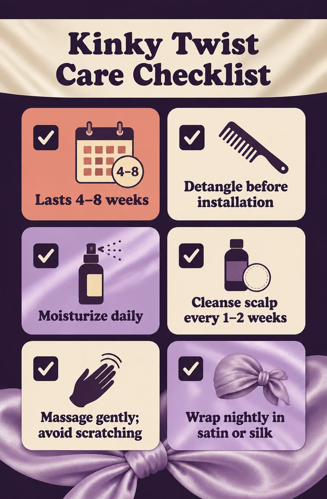 Kinky twist care checklist infographic with scalp and nighttime tips