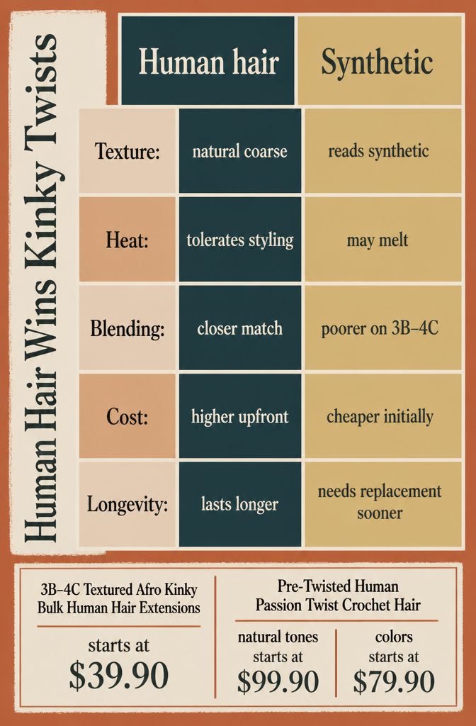 Human hair versus synthetic kinky twists infographic