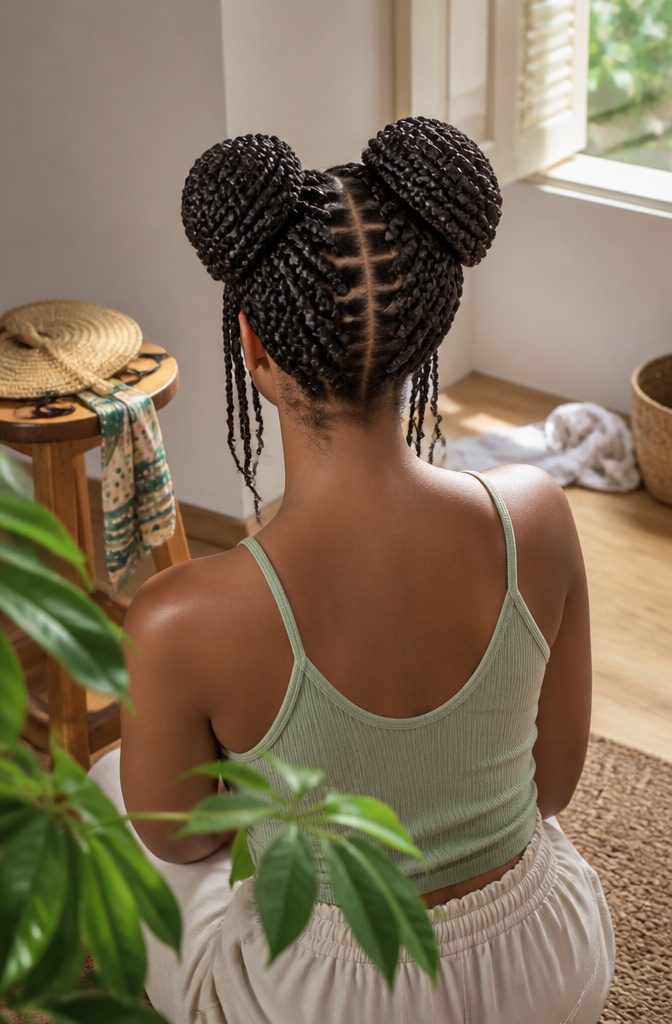 Kinky twists divided by a center part into two buns