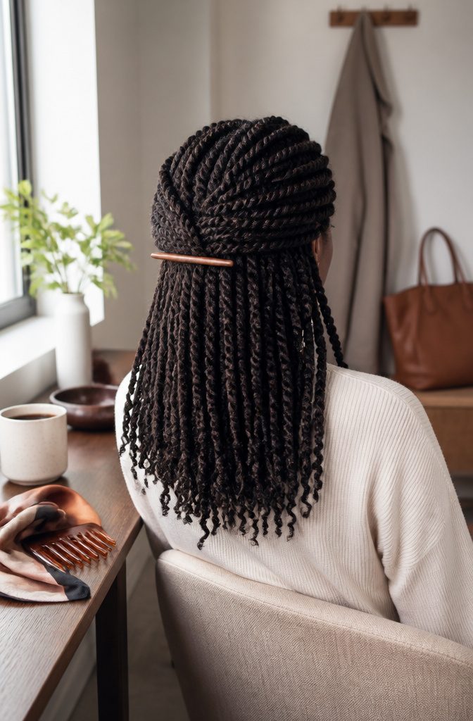 Kinky twists pinned back at the crown with the rest hanging loose
