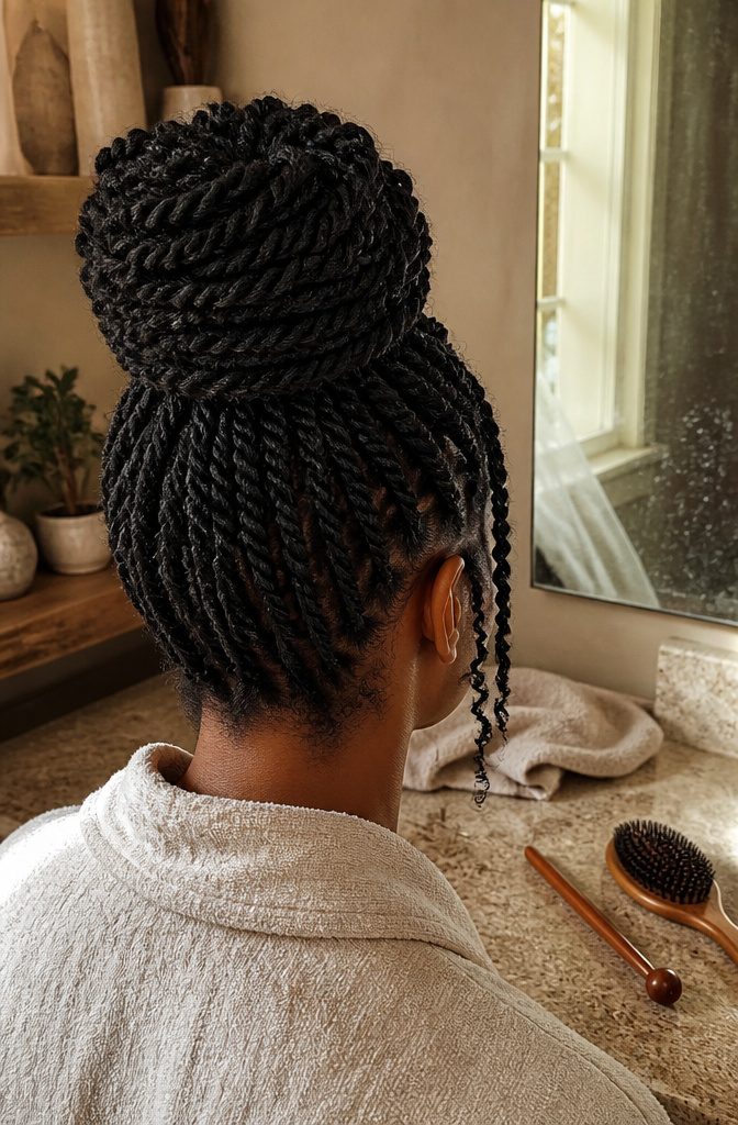 Kinky twists coiled into a rounded bun at the crown