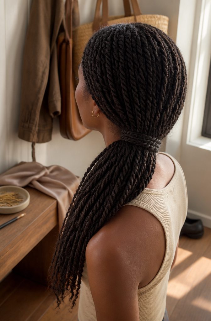 Kinky twists gathered into a side ponytail over one shoulder