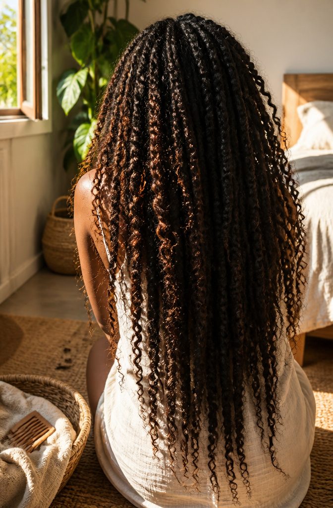 Long kinky boho twists with loose texture and curled ends