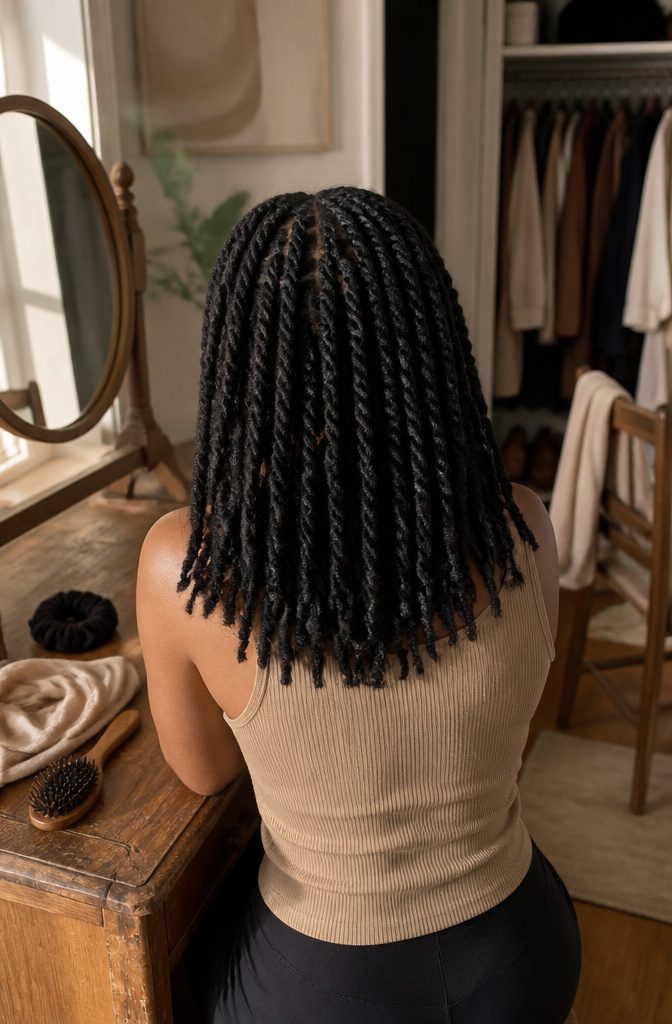 Medium-length kinky twists falling around the shoulders