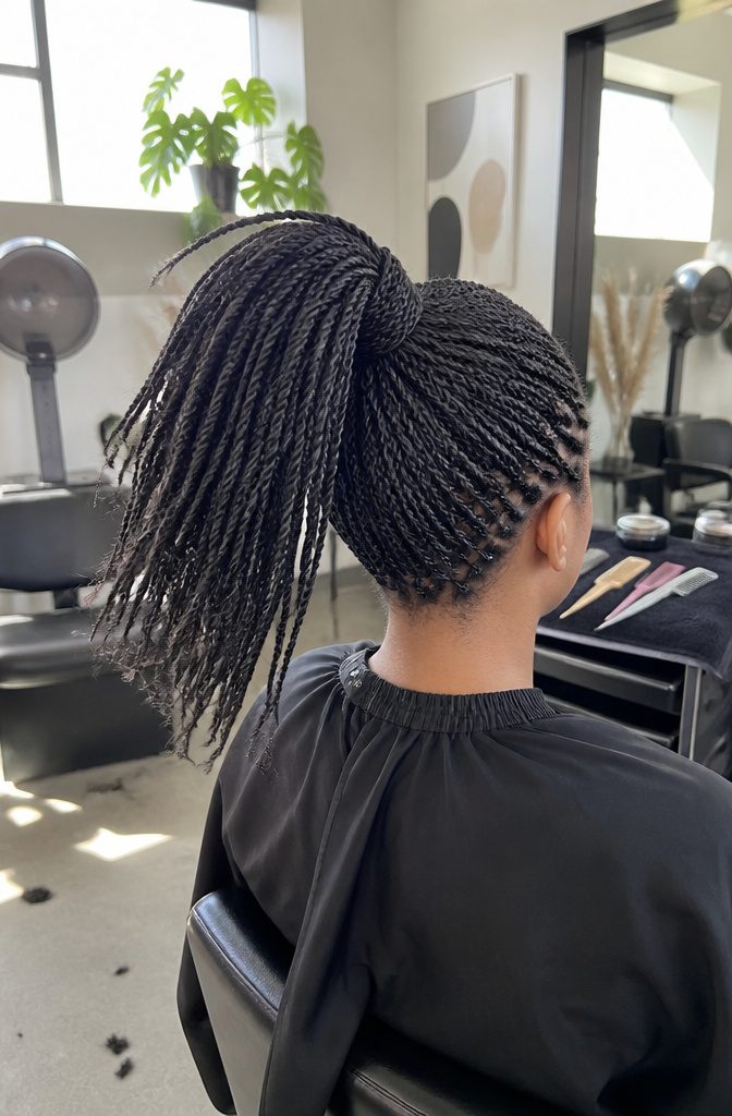 Mini kinky twists gathered into a high ponytail