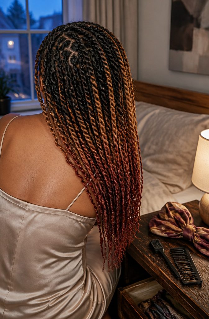 Mixed-color kinky twists swept to one side with gradient ends