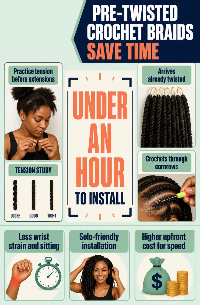 Pre-twisted human hair crochet braids infographic about faster installation