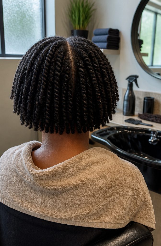 Short kinky twists cut to bob length around the face