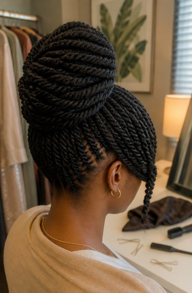 Kinky twist updo with bangs swept to one side