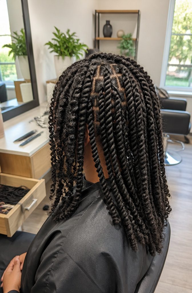 Kinky twists in a close three-quarter profile with partly visible scalp