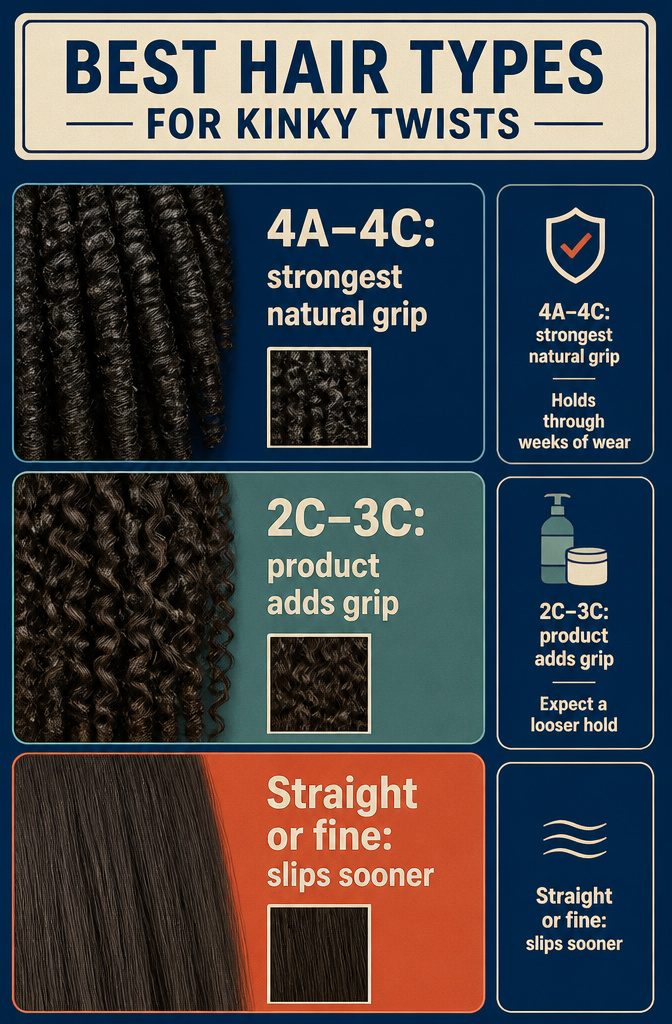 Best hair types for kinky twists infographic with curl pattern categories