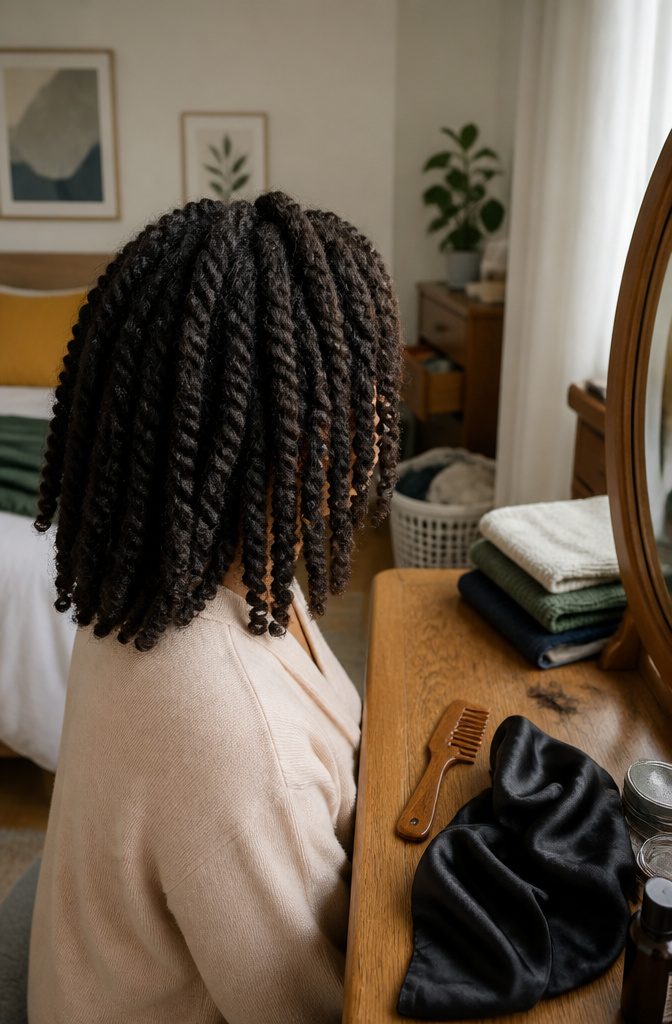 Person wearing medium-length matte kinky twists with hands out of frame