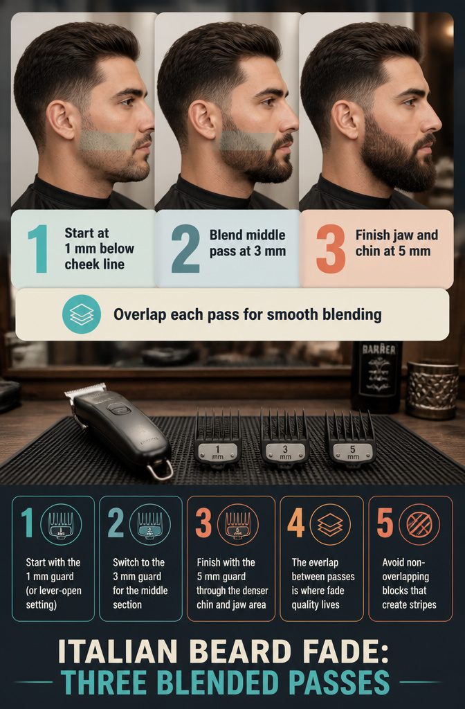 Beard fade diagram showing three blended passes from cheek to chin and jaw