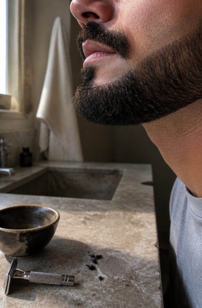 Three-quarter view of a man's lower face with a bare gap beneath the mustache