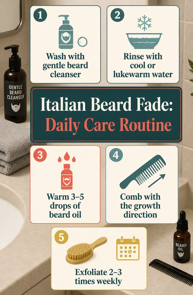 Beard care diagram with beard oil and a comb for daily grooming