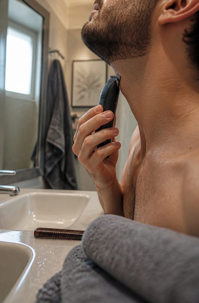 Man's beard with a high neckline curving above the Adam's apple toward the ear