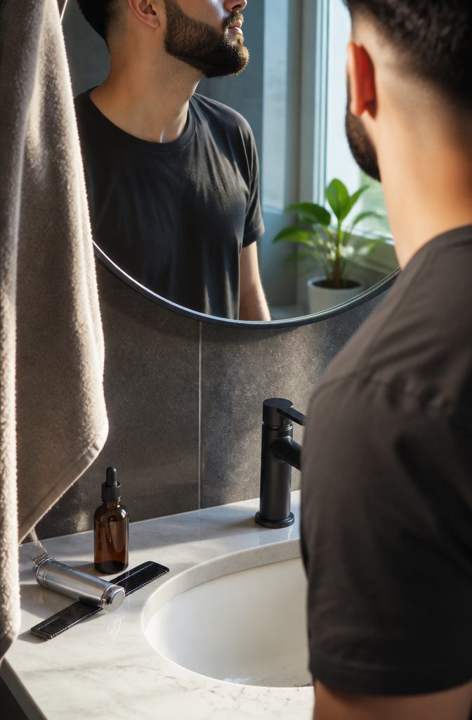 Man checking crisp beard edges and matching fades in a mirror from behind