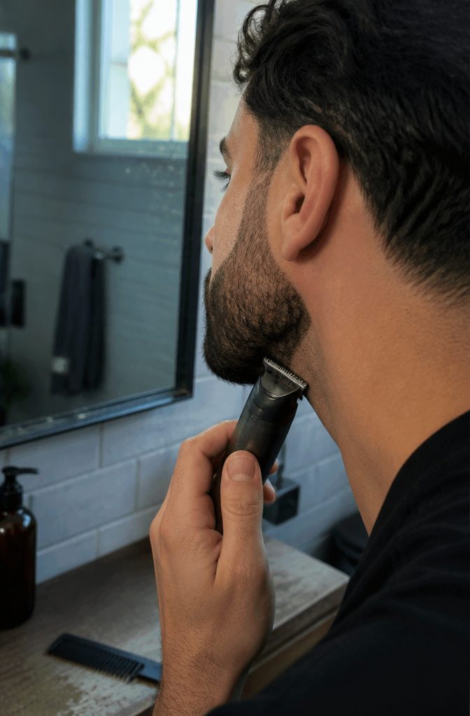 Man's beard with a straight diagonal cheek line from outer lip to ear