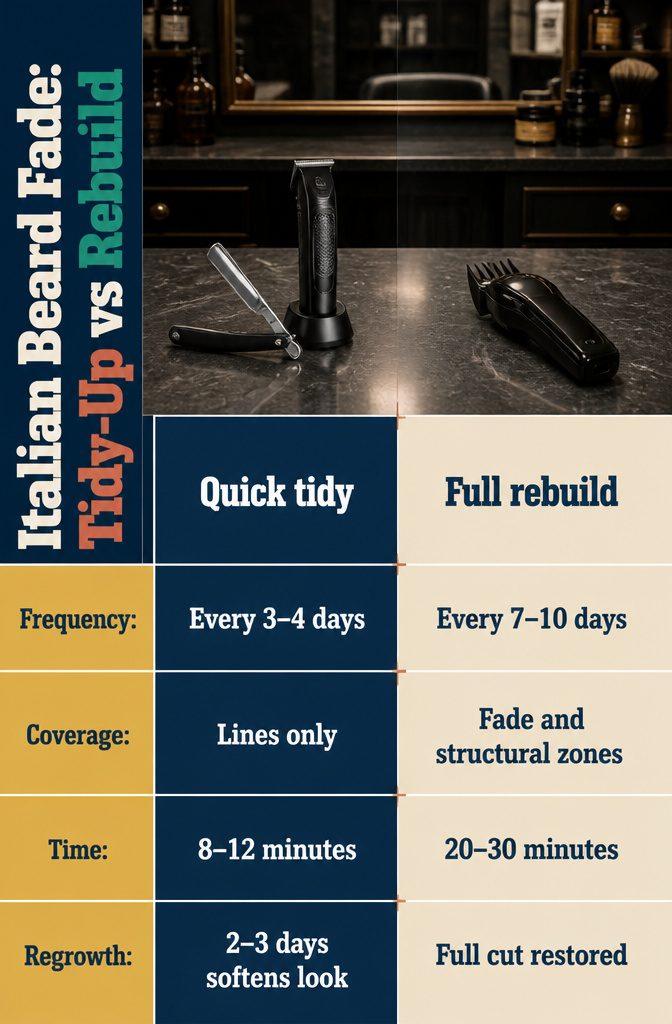 Beard maintenance diagram comparing a line tidy-up with a full fade rebuild