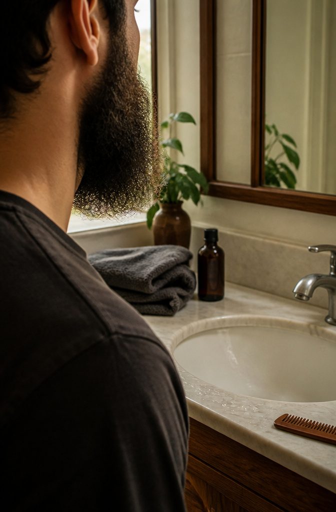 Dry coarse beard along a man's jaw beside a folded towel and beard wash