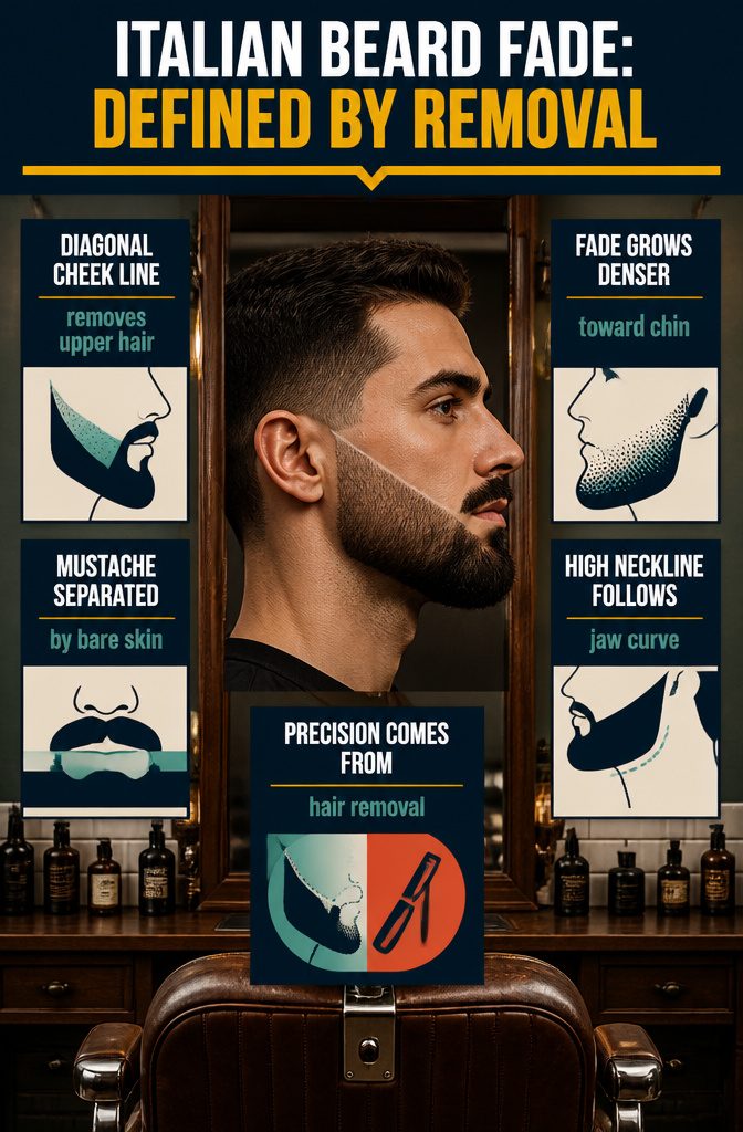 Beard diagram showing a diagonal cheek line, disconnected mustache, fade, and high neckline